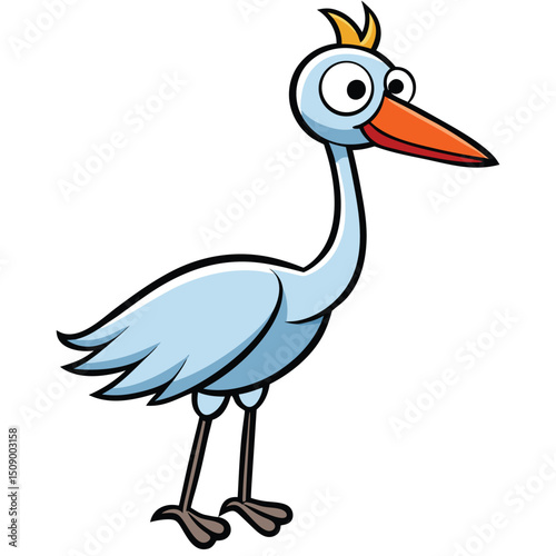 Cartoon heron stands tall with big eyes and a pointed orange beak on white