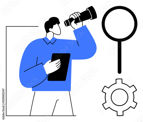 Person holding a tablet and looking through a telescope, accompanied by a magnifying glass and gear. Ideal for research, innovation, exploration, growth, strategy, vision, and simple landing page