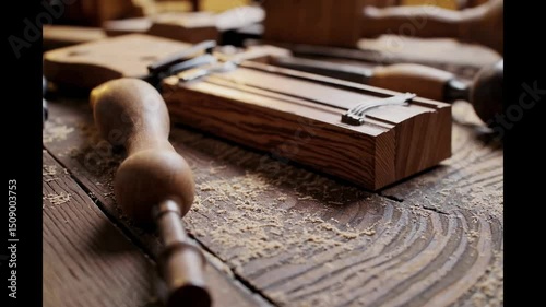 Woodworking tool and wooden box with knife and tools on table. photo