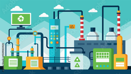 A chemical processing plant using predictive data to identify potential equipment failures before they occur eliminating production delays.. Vector illustration