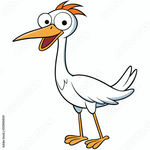A funny cartoon stork stands upright while opening his beak widely in excitement