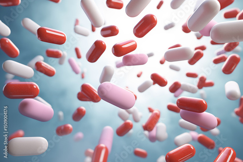 Levitation of medicine capsules on blue, health and treatment theme, background.