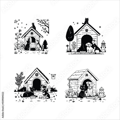 Dog and cat house illustration vector art set pet home design black and white graphics for print art