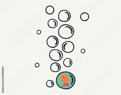 Cartoon Fish in a Bowl with Bubbles Illustration