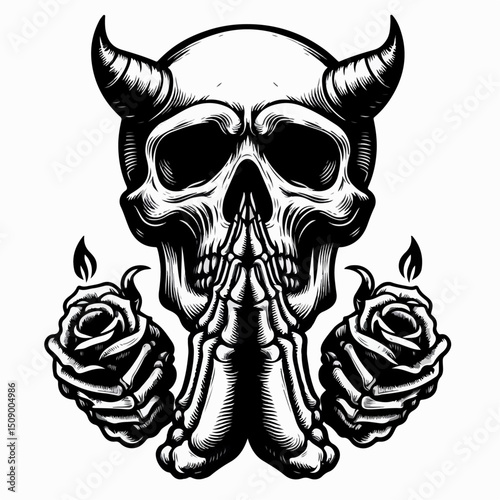 illustration of a skull with praying hands