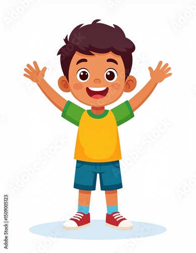 Joyful Cartoon Boy with Raised Hands