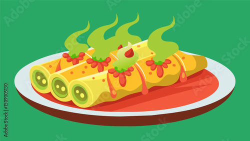 A platter of steaming hot enchiladas stuffed with roasted veggies and smothered in a creamy green chile sauce.. Vector illustration