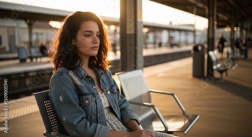 A pensive young woman sits at a train station illuminated by warm sunset light. She's in a denim jacket, her curly hair catching the glow against a blurred background of platforms and distant figures.