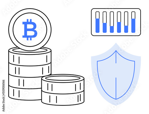 Stacked Bitcoin coins, shield representing security, and bar graph for financial analysis. Ideal for cryptocurrency, digital investment, finance, data protection, blockchain, fintech simple landing