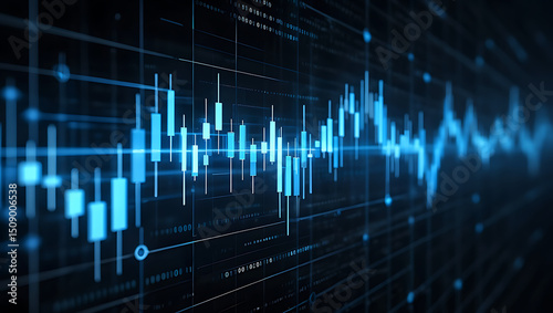 Abstract Stock Market Data Visualization Blue Candlestick Charts and Wave Patterns on Dark Background