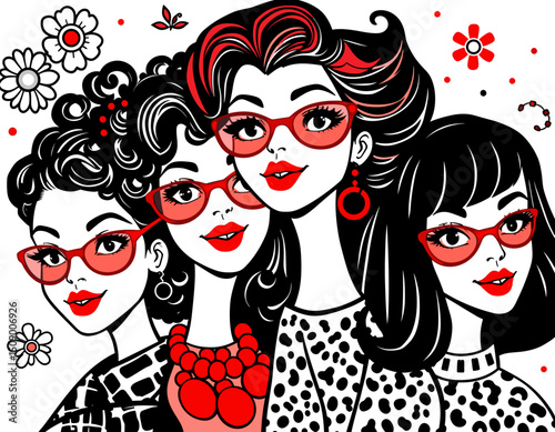 Four stylish women in red glasses smiling with a floral background