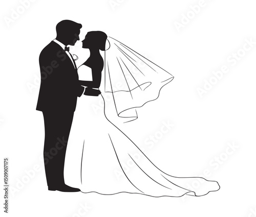 Romantic Wedding Couple Silhouette Elegant Black and White Illustration