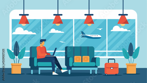 A lounge area with comfortable seating where passengers can wait for their flights or catch up on work using the highspeed WiFi provided.. Vector illustration