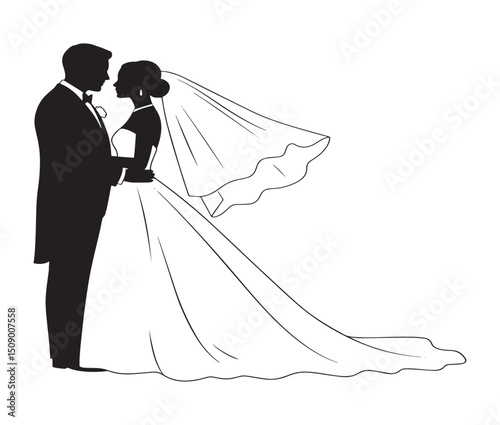 Elegant Silhouette of a Bride and Groom Romantic Wedding Illustration