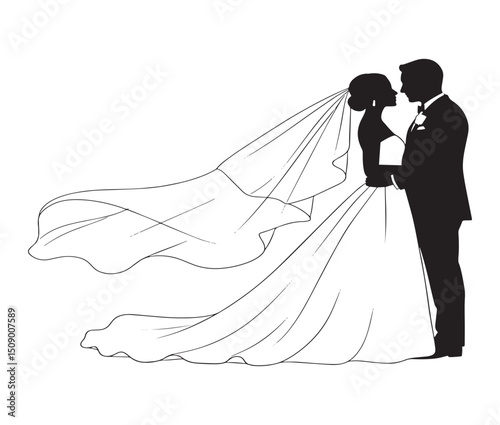 Elegant Silhouette of a Bride and Groom Embracing on Their Wedding Day