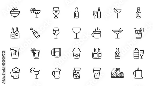 Line art icons of cocktails drinks beverages and alcohol for bar menu design and restaurant website design