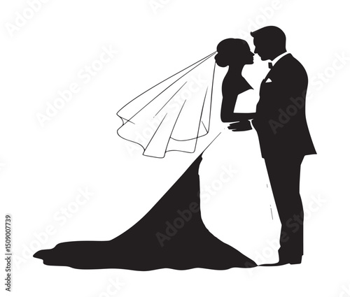 Romantic Wedding Couple Silhouette Elegant Black and White Illustration of Bride and Groom Kissing