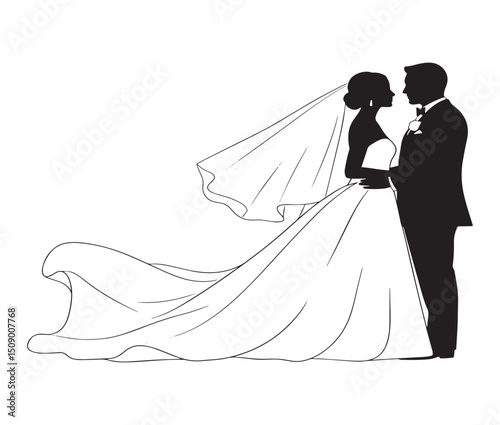 Elegant Silhouette of a Bride and Groom A Timeless Wedding Illustration