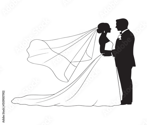 Elegant Silhouette of a Bride and Groom A Timeless Wedding Illustration