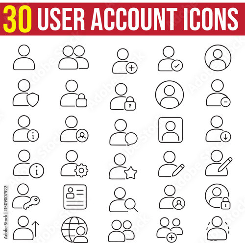 A set of User Account Icons collection with editable stroke includes profile picture, login, logout, sign in, settings, and edit account. Pixel Perfect