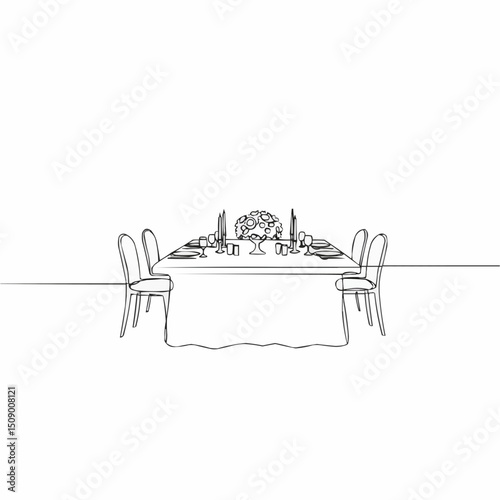 An elegant dining table set with beautiful decorations and chairs arranged in a simple, minimal style. The scene is a celebration or a meeting.