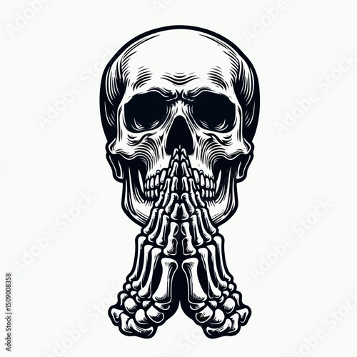 illustration of a skull with praying hands