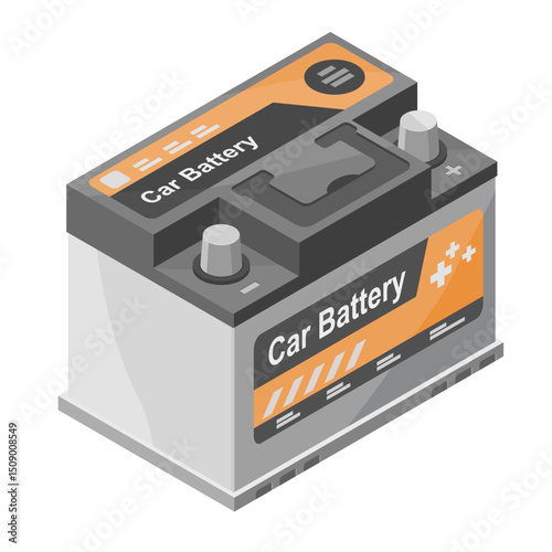 Isometric illustration of a car battery with labeled terminals and modern design used for automotive power and energy storage systems cartoon