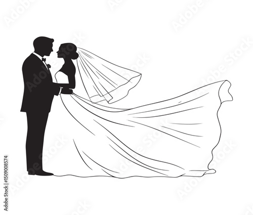 Elegant Silhouette of a Bride and Groom A Timeless Wedding Illustration