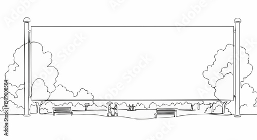 Park landscape design with blank billboard, trees and benches