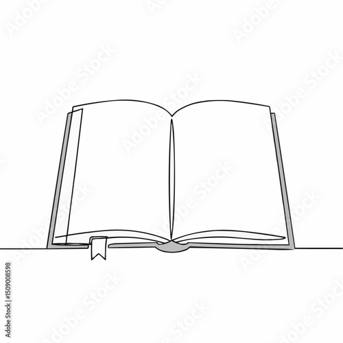 An open book sketch with minimalist line art. A simple illustration of an open book with a bookmark. 