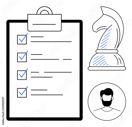 Checklist with marked tasks, chess knight signifying strategy, and a profile icon denoting leadership. Ideal for management, planning, strategy, organization, leadership, decision-making flat simple