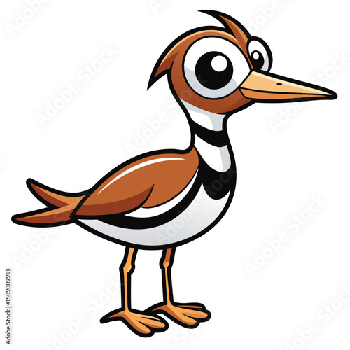Cartoon killdeer stands attentively, its big eyes and distinctive coloration strikingly defining it