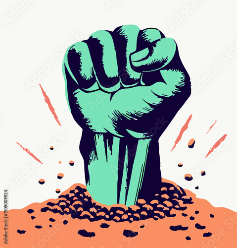 Powerful Fist Emerging from Ground, Graphic Illustration