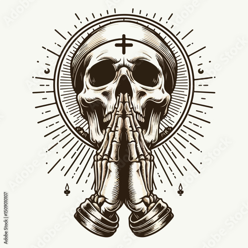 illustration of a skull with praying hands