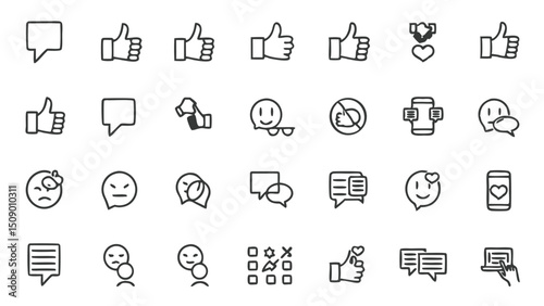 Social media icons vector set: like, comment, message, emoji, feedback, communication, and engagement symbols