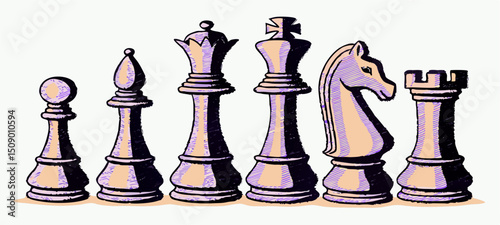 Illustration of Chess Pieces: King, Queen, Bishop, Knight, Rook, Pawn
