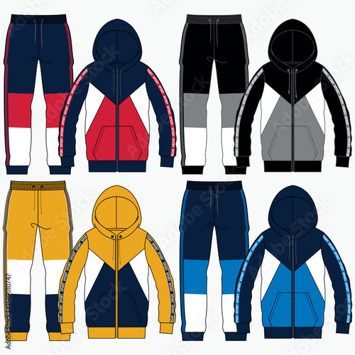 Set of Cropped Sweatshirt, Jogger Pants fashion flat technical drawing template. Sweatshirt, Sweat Pants technical fashion Illustration, front, back view, white, blue, women, men, unisex CAD mockup.