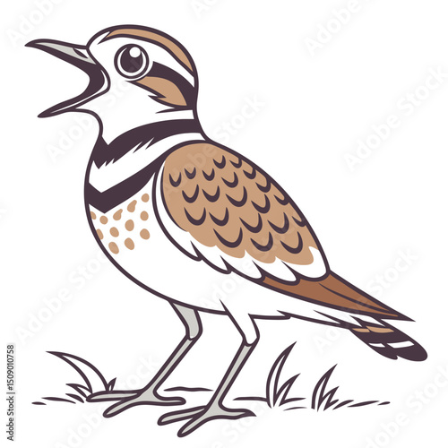 Cartoon bird on grass opens its beak to sing a beautiful song