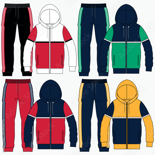 Set of Cropped Sweatshirt, Jogger Pants fashion flat technical drawing template. Sweatshirt, Sweat Pants technical fashion Illustration, front, back view, white, blue, women, men, unisex CAD mockup.
