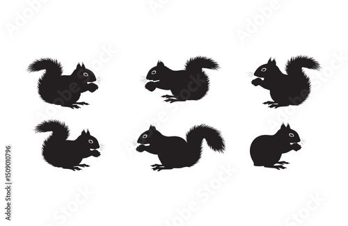 Six Silhouettes of Adorable Squirrels Eating Nuts Perfect for Nature-Themed Designs and Projects