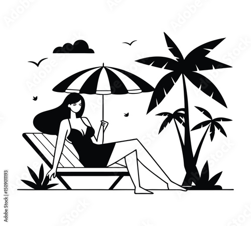 Women sitting on a beach enjoying the sea view in vector design