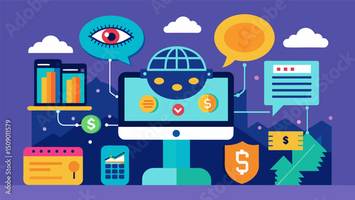 A cognitive computer analyzing financial transactions to detect potential fraudulent activities.. Vector illustration