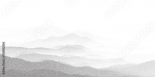 Minimal stipple illustration of mountain layers with soft halftone fog. Light grainy texture and peaceful monochrome tones.