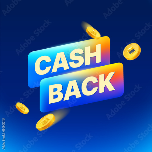 3d cash back label with golden coins flying around, isolated on gradient background. Cash back badge in 3d vector. Vector illustration