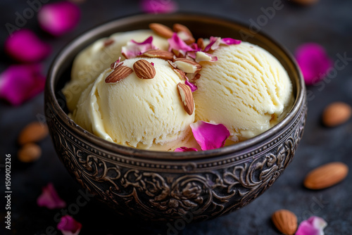 Rose flavored ice cream with almond garnish presented in an ornate bowl