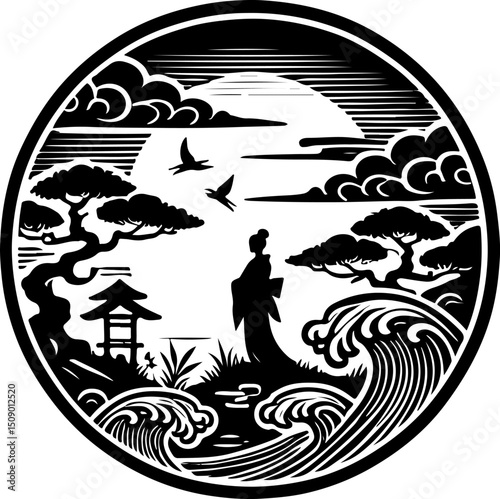 sketch vector illustration icon logo symbol silhouette woman geisha japan cultural religion ethnic classic vintage traditional