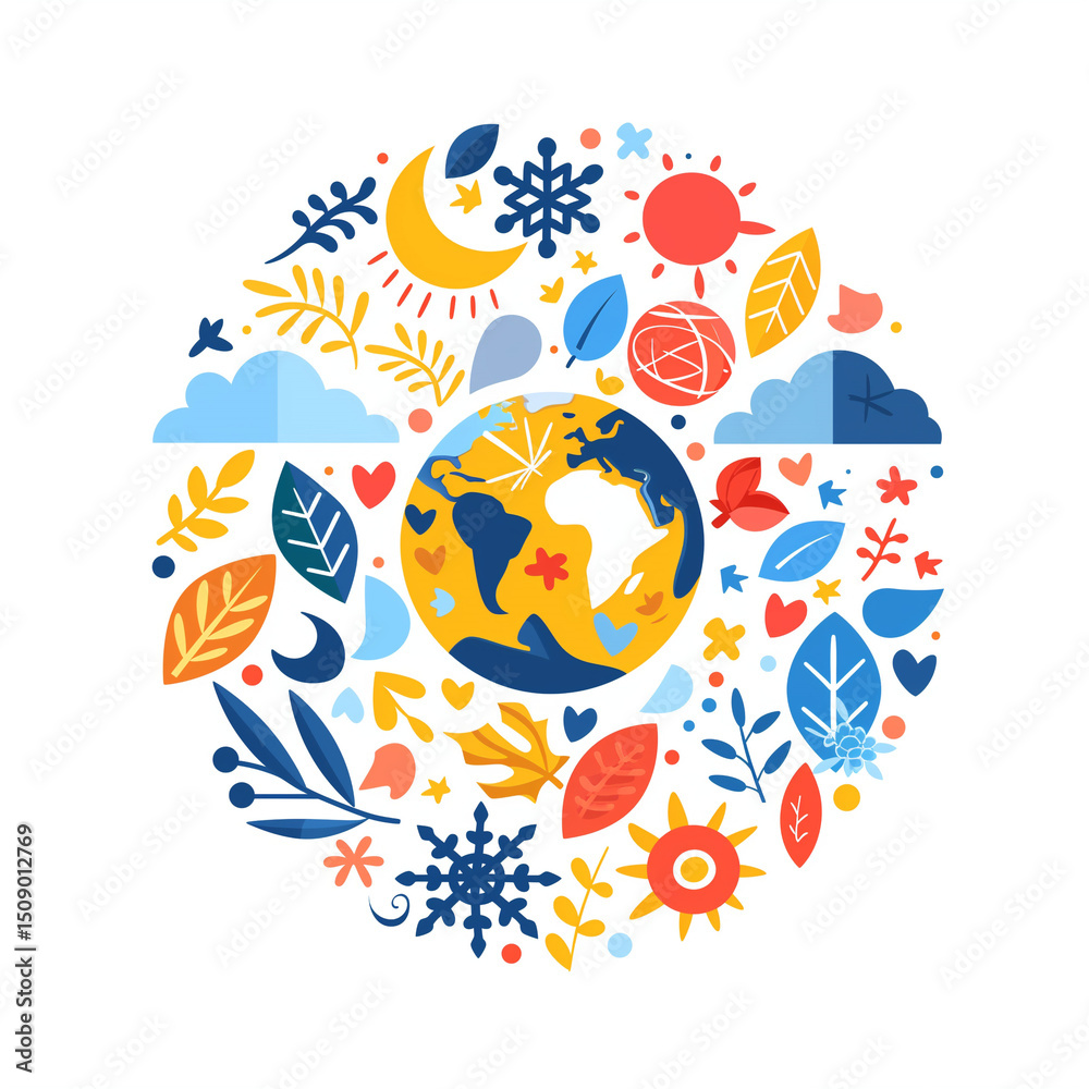 Fototapeta premium Flat illustration of Earth surrounded by seasonal, day and night symbols in a circular composition. Bright, colorful eco-themed decorative design