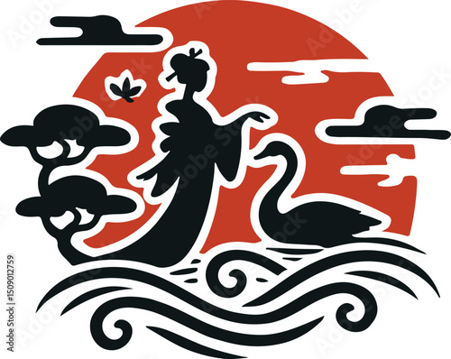 sketch vector illustration icon logo symbol silhouette woman geisha japan cultural religion ethnic classic vintage traditional