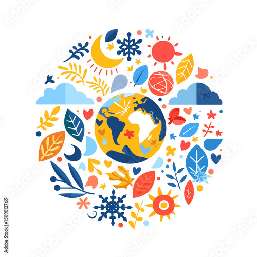 Wallpaper Mural Flat illustration of Earth surrounded by seasonal, day and night symbols in a circular composition. Bright, colorful eco-themed decorative design Torontodigital.ca