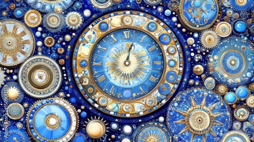 Midnight celestial clock, ornate design, cosmic background, New Year's card